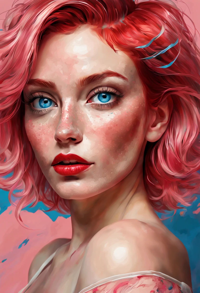 High quality portrait of a woman, digital painting, vibrant and dynamic expression, striking blue eyes, short pink hair with meticulous strands, vivid red lips, delicate freckles accentuating the face, high image quality, digital painting, vibrant, dynamic, striking eyes, pink hair, red lips, delicate freckles,DPM++ 2M Karras, Model:alart-SDXL Background, Cartoon, Rembrandt, Picasso, High quality