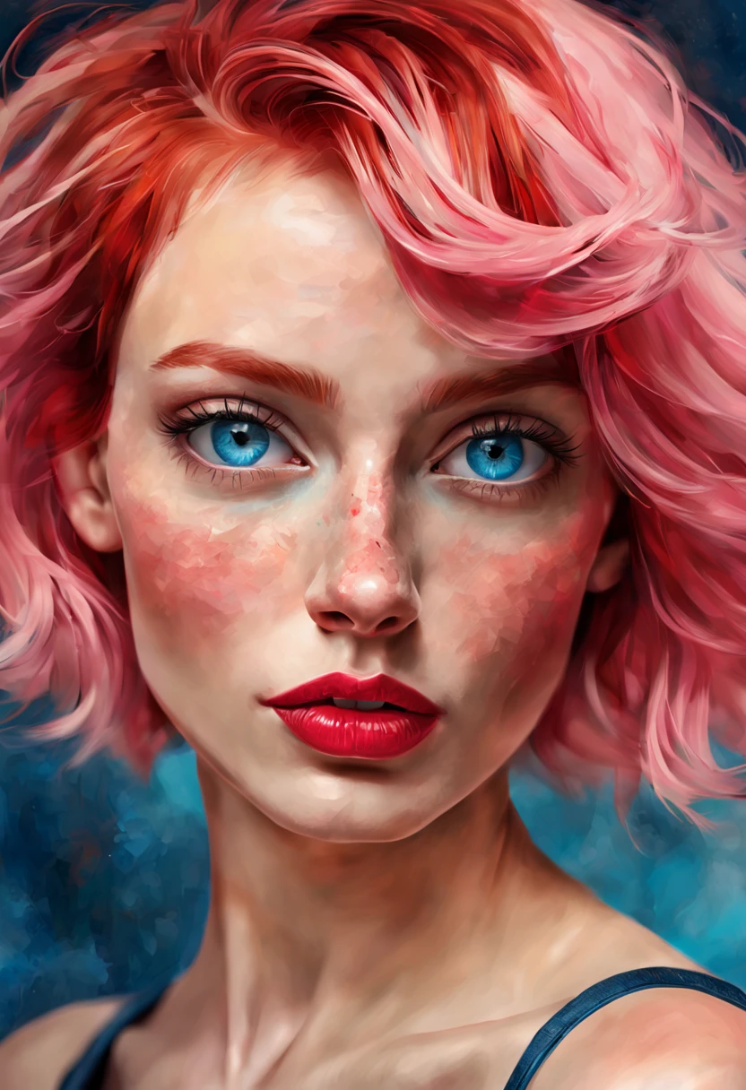 High quality portrait of a woman, digital painting, vibrant and dynamic expression, striking blue eyes, short pink hair with meticulous strands, vivid red lips, delicate freckles accentuating the face, high image quality, digital painting, vibrant, dynamic, striking eyes, pink hair, red lips, delicate freckles,DPM++ 2M Karras, Model:alart-SDXL Background, Cartoon, Rembrandt, Picasso, High quality