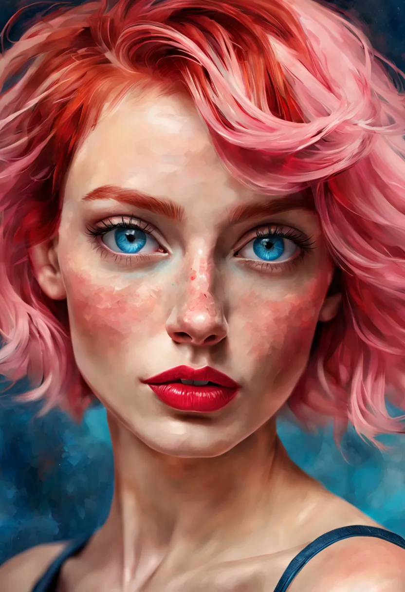 High quality portrait of a woman, digital painting, vibrant and dynamic expression, striking blue eyes, short pink hair with met...