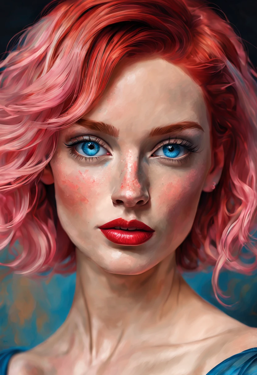 High quality portrait of a woman, digital painting, vibrant and dynamic expression, striking blue eyes, short pink hair with meticulous strands, vivid red lips, delicate freckles accentuating the face, high image quality, digital painting, vibrant, dynamic, striking eyes, pink hair, red lips, delicate freckles,DPM++ 2M Karras, Model:alart-SDXL Background, Cartoon, Rembrandt, Picasso, High quality