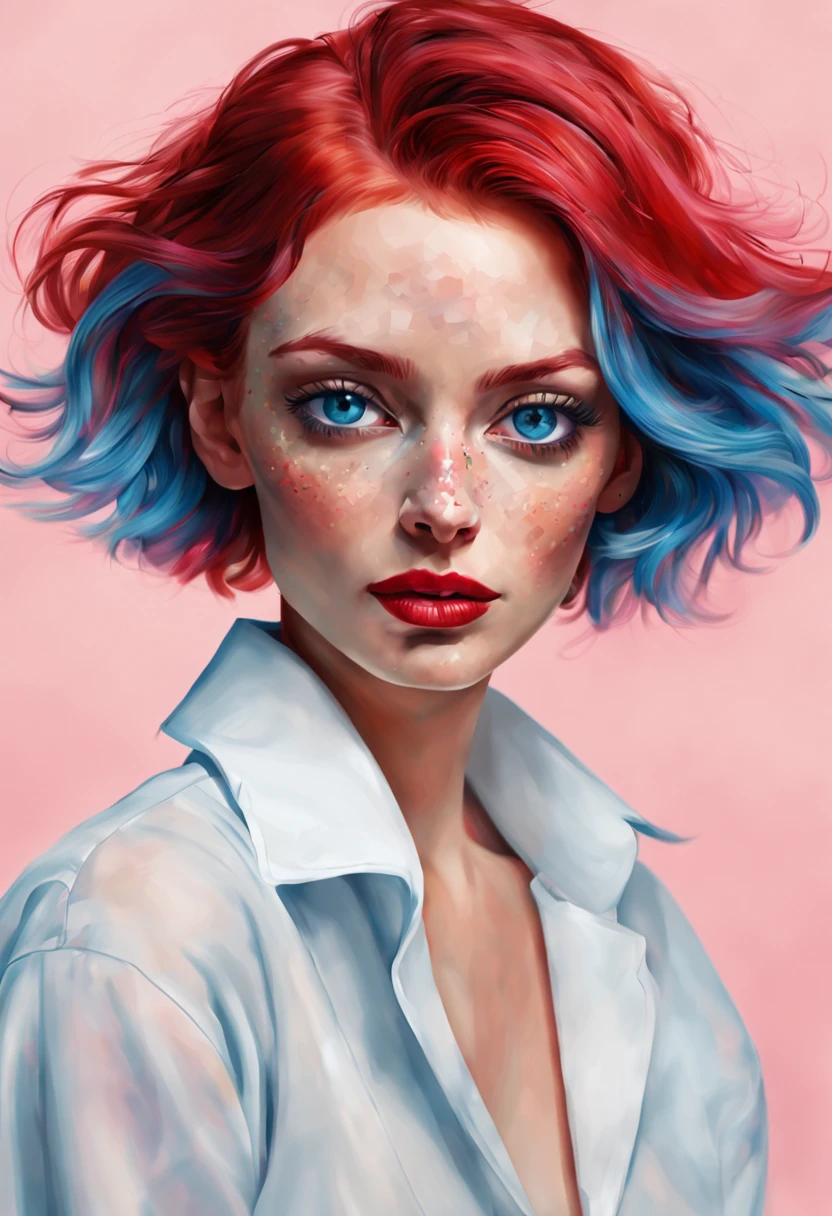 High quality portrait of a woman, digital painting, vibrant and dynamic expression, striking blue eyes, short pink hair with meticulous strands, vivid red lips, delicate freckles accentuating the face, high image quality, digital painting, vibrant, dynamic, striking eyes, pink hair, red lips, delicate freckles,DPM++ 2M Karras, Model:alart-SDXL Background, Cartoon, Rembrandt, Picasso, High quality