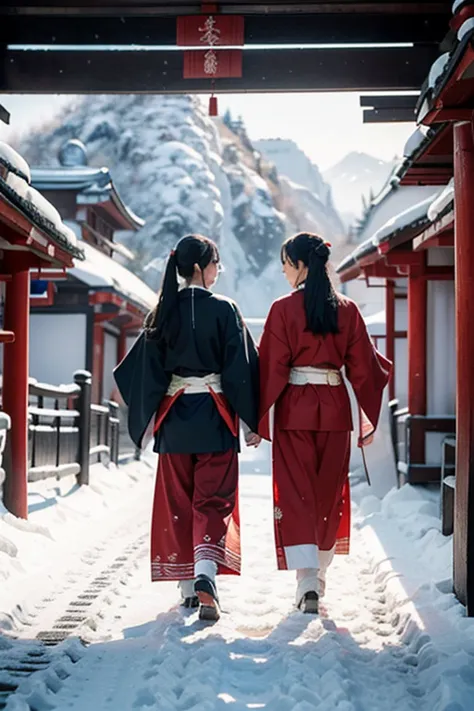 two lover going to the snow village,japanese traditional village and era
