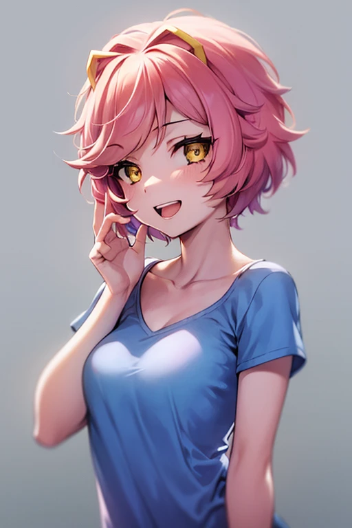 1 garota, Sozinho, seios, cabelo curto, medium seios, camisa, fundo branco, clavícula, olhos amarelos, tronco, cabelo rosa, manga curta, chifres, dentes, blue camisa, feliz, linhas de ênfase, natsuki, cabelo rosa