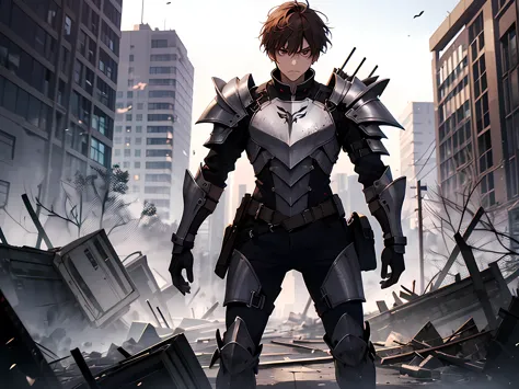 1 man, student, wearing red full body armor, standing in the middle of destroyed city, angry face, brown hair, short hair, face ...