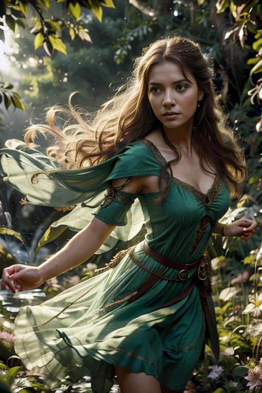 epic closeup photo portrait, amazing movie poster, Una hermosa joven hada con alas., lord of the rings style, vestido con una tela suave y larga de color verde brillante , colocando el sable en su pecho con cara feroz, al lado de un arroyo, Luz natural, a beautiful forest visible through the branches, tendencia en ArtStation,professional photo studio, High Definition, hola detallando, dramatic lighting, Luz de fondo,Mejor calidad, alta calidad, high resolution, morning dew natural day lighting, studio lighting,mejora de detalles, high resolution array, Profundidad de campo, movie, Arte lineal, afilar.