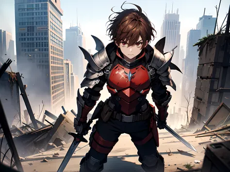 1 man, student, wearing full body armor with red colors, standing in the middle of destroyed city while holding a sword, angry f...