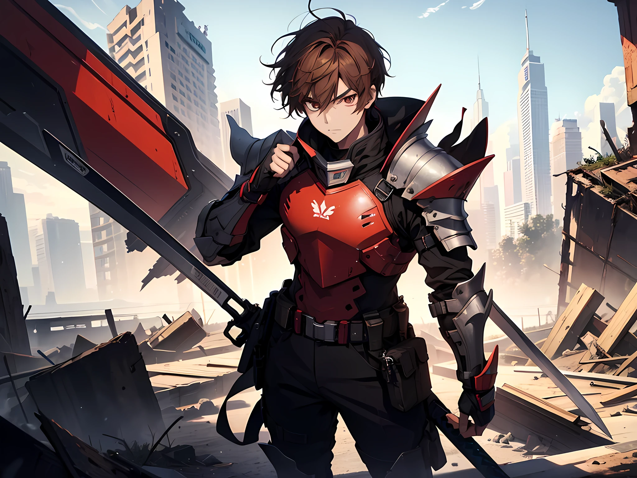 1 man, student, wearing full body armor with red colors, standing in the middle of destroyed city while holding a sword, angry face, brown hair, short hair, face to detail, detailed eyes, the background is destroyed city, half-body illustration