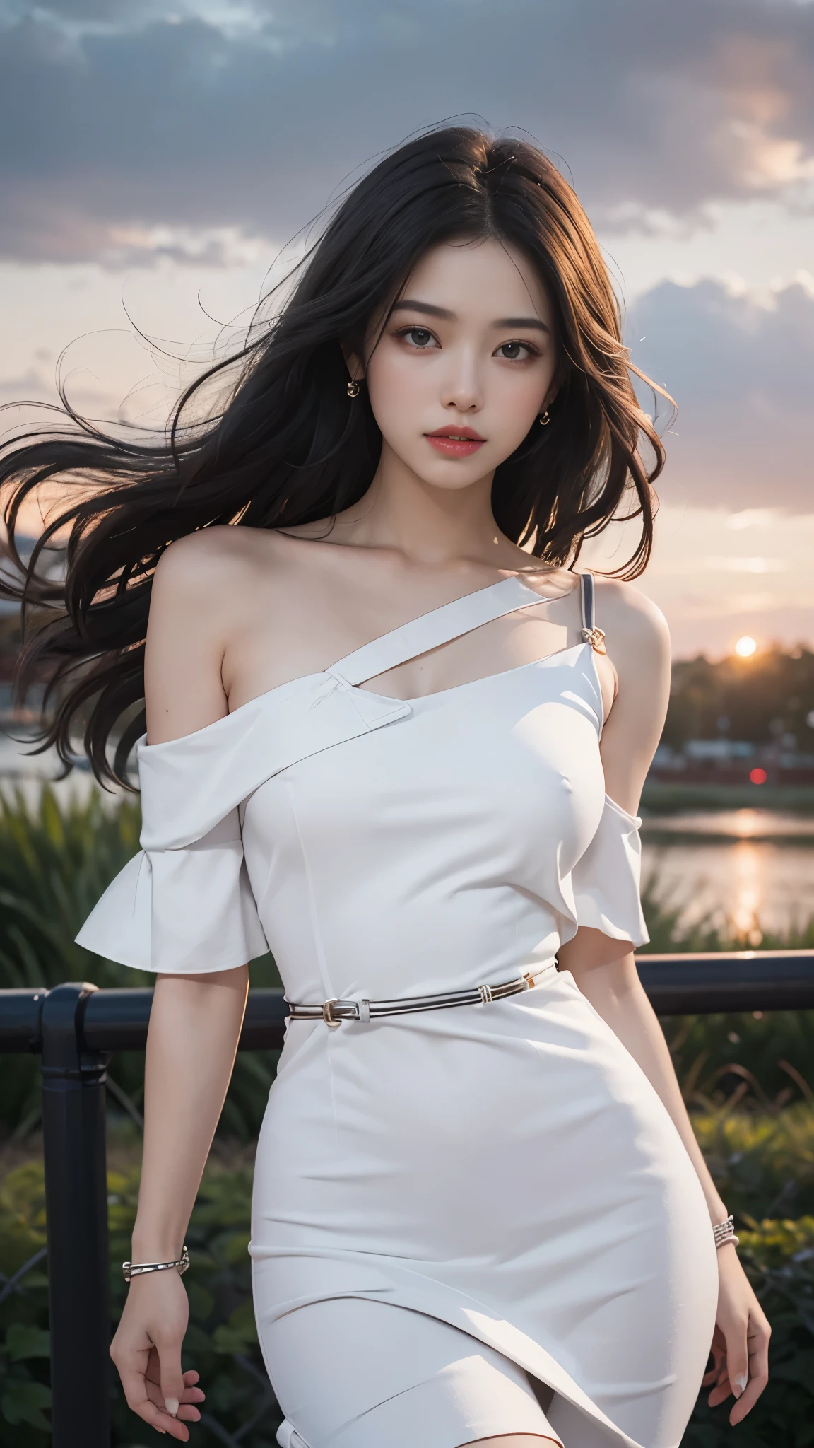 8k, masterpiece, 1 girl, beautiful face, very long hair, light makeup, detailed eyes, detailed lips, ((medium Curved figure)), (simple dress:1.4), (white outfit:1.4), (wearing jewellery), (strap:1.4), (bare shoulder:1.4), in the park, sunset, evening, blowing wind, hair spreading,