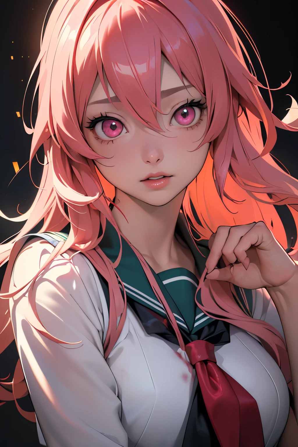 (((1girl))), (((Waifu, Mirai Nikki, Yuno Gasai Waifu))), (((Hot Pink Hair, Long Hair))), ((Blood Red Eyes eyes:1.3, Upturned Eyes: 1, Perfect Eyes, Beautiful Detailed Eyes, Gradient eyes: 1, Finely Detailed Beautiful Eyes: 1, Symmetrical Eyes: 1, Big Highlight On Eyes: 1.2)), (((Lustrous Skin: 1.5, Bright Skin: 1.5, Skin Fair, Shiny Skin, Very Shiny Skin, Shiny Body, Plastic Glitter Skin, Exaggerated Shiny Skin, Illuminated Skin))), (Detailed Body, (Detailed Face)), (Best Quality), (((School Uniform, Green Sailor Seifuku))), High Resolution, Sharp Focus, Ultra Detailed, Extremely Detailed, Extremely High Quality Artwork, (Realistic, Photorealistic: 1.37), 8k_Wallpaper, (Extremely Detailed CG 8k), (Very Fine 8K CG), ((Hyper Super Ultra Detailed Perfect Piece)), (((Flawless Masterpiece))), Illustration, Vibrant Colors, (Intricate), High Contrast, Selective Lighting, Double Exposure, HDR (High Dynamic Range), Post-processing, Background Blur, Inky Shadows, Darker Shadows, Thick Shadows, High Quality Shadows, high detail, realistic, Cinematic Light, sidelighting, Lens Flare, Ray tracing, sharp focus,