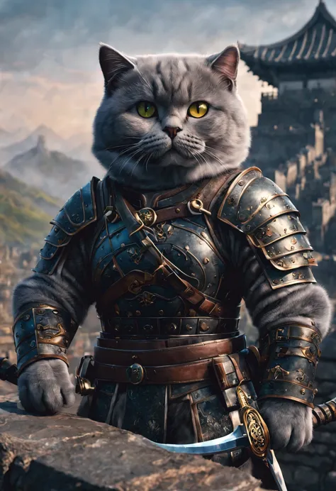 official art, unified 8k wallpaper, super detailed, Beautiful and beautiful, masterpiece, best quality, watching a film《lord of the ring》style of，Real scenes，Epic war scenes，(A fat British shorthair warrior cat:1.4)，(whole body:1.2), Put on exquisite armor...
