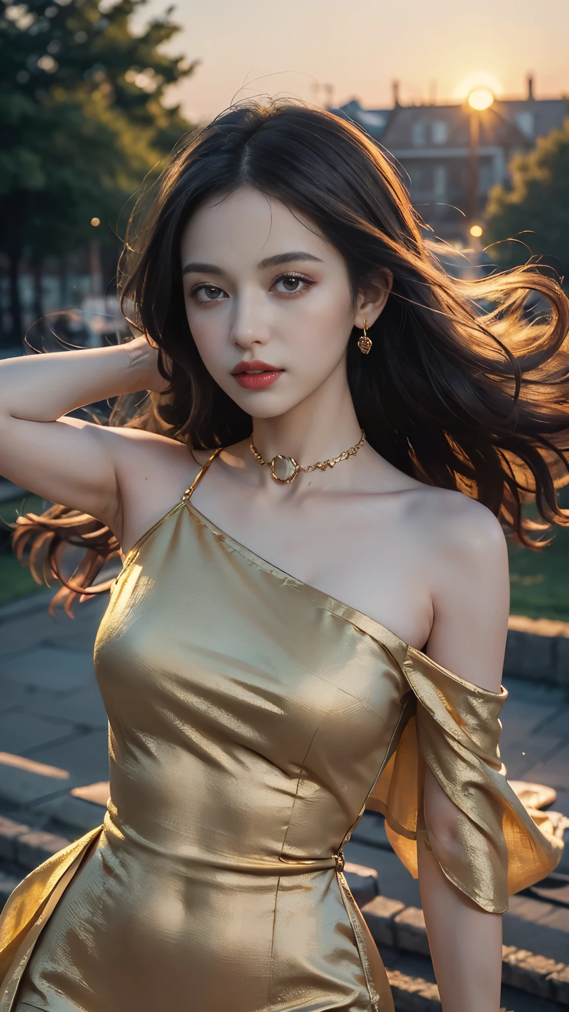 8K, ((masterpiece:1.8)), 1 girl, beautiful face, very long hair, light makeup, detailed eyes, detailed lips, ((medium Curved figure)), (simple dress:1.4), (golden dress:1.4), (wearing jewellery), (strap:1.4), (bare shoulder:1.4), in the park, sunset, evening, blowing wind, hair spreading,