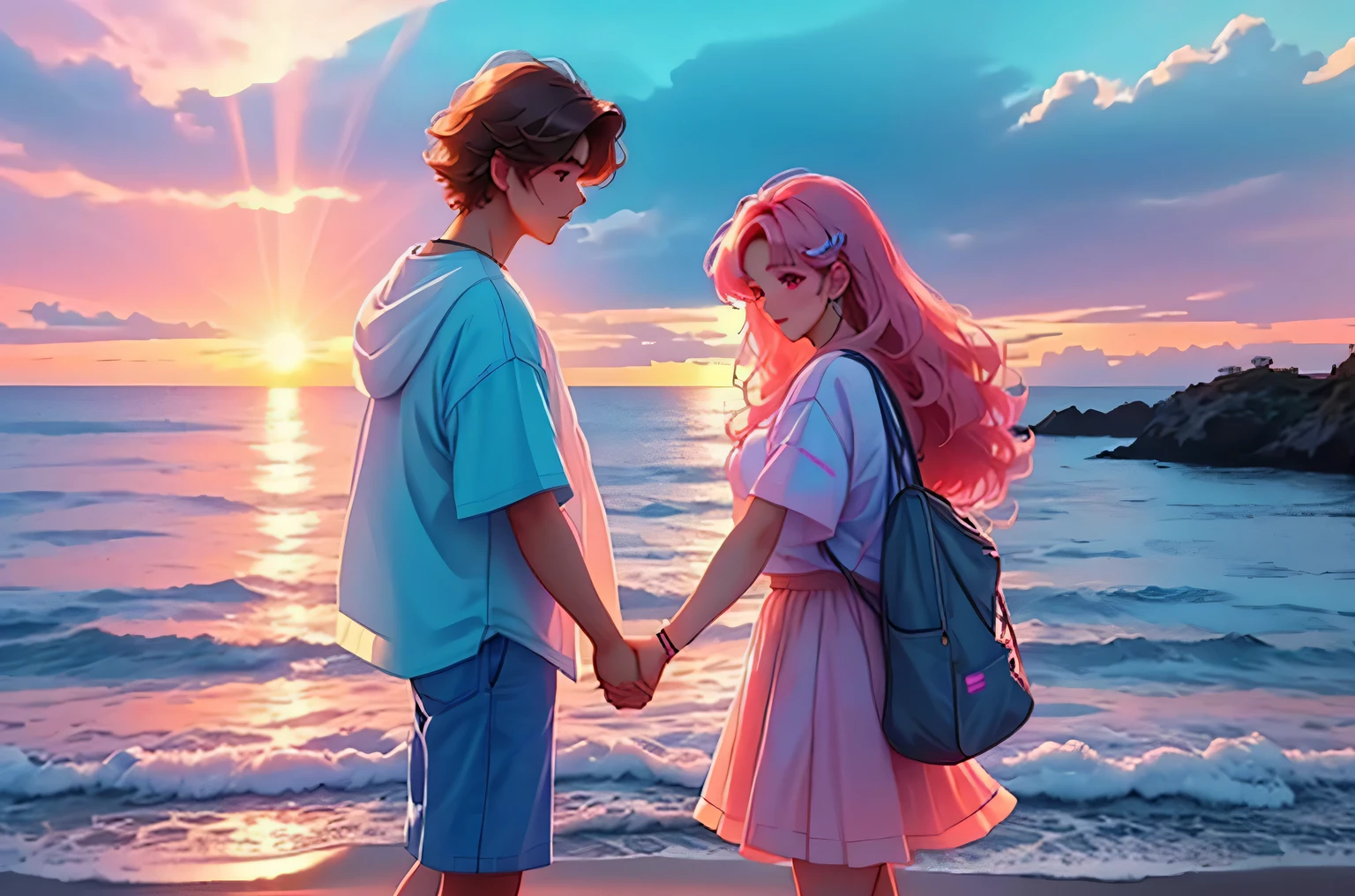 1 boy and 1 girl holding hands? Beautiful sunset on the shore of a rocky beach, clouds on blue sky, the sun was half hidden behind the horizon, but also emits soft sunset rays and paints the landscape in delicate beautiful colors., Enjoying the beauty of the sunset, realistic photography with Vaporwave effect, vapor wave aesthetics, Highest resolution, Maximum realism