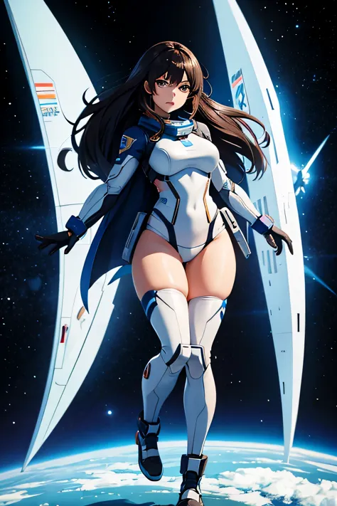 anime girl fantasy, sci fi, space suite, big , front view, solo photo, hair, thick thighs, standing, thick legs,