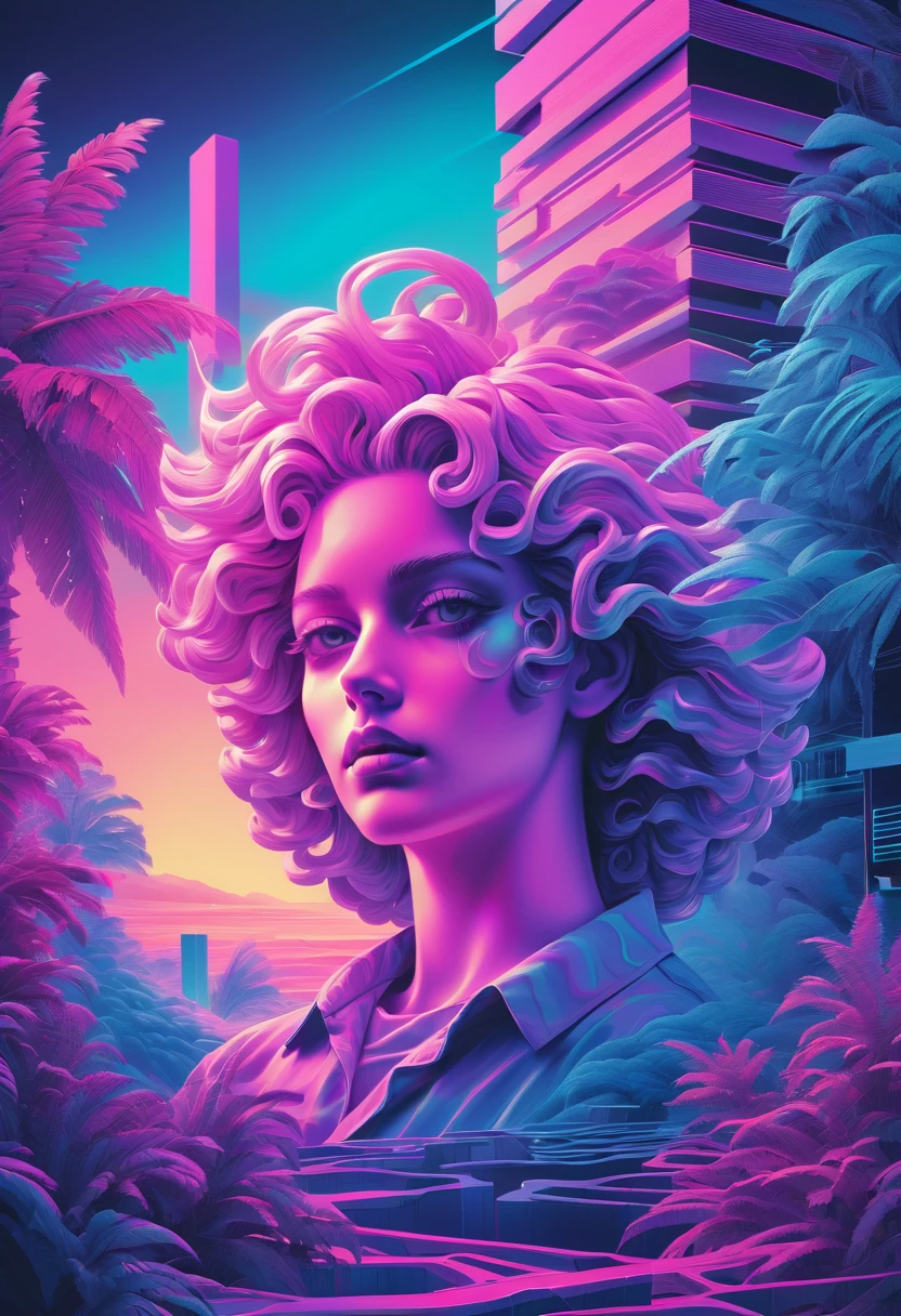 Vaporwave aesthetic pastel drawing, random directions theme, double exposure technique, hyper-detailed intertwining elements, dramatic lighting casting volumetric shadows adding mystery, high-contrast luminosity for a nostalgic feel, digital painting, 32K ultra-resolution.Vaporwave aesthetic 