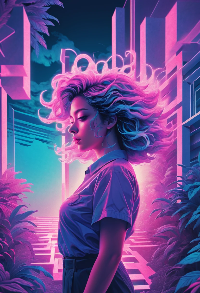 Vaporwave aesthetic pastel drawing, random directions theme, double exposure technique, hyper-detailed intertwining elements, dramatic lighting casting volumetric shadows adding mystery, high-contrast luminosity for a nostalgic feel, digital painting, 32K ultra-resolution.Vaporwave aesthetic 