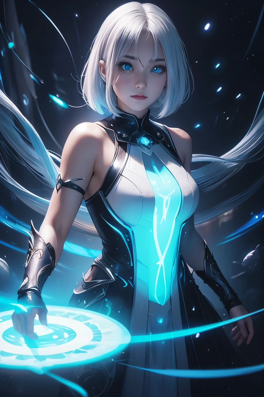 ((upper body)), best quality, masterpiece, a Japanese woman with ((Luminescence white hair)), ((detailed pearl blue eye)), high detailed goddess soul, focus on character, solo, (style swirl magic), solo, from front, front view, looking at viewer, detailed face, ((Luminescence Lighting Magic Circle theme)), perched on a ledge, tight neon body, light streaks, dark abyssal wanderer abstract, ((Simple Luminescence Neon Gown)), inscribed with mystical runes, outdoor dystopian background,