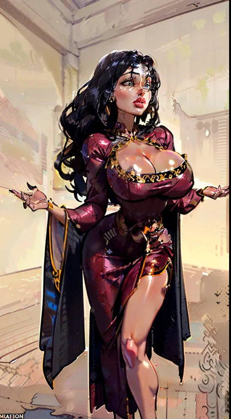 (((1girl:1.8))), ((gown:1.5)) ((off the shoulder)),  style, (( red dress,  gold details)), (Mother Gothel), anime style, (((elf))) (((Victorian gown:1.5))) (((smoldering eyes))), ((Black hair:1.5)), ((curly hair:1.7)), 8k, 4k, Unreal Engine 5, (gigantic br...