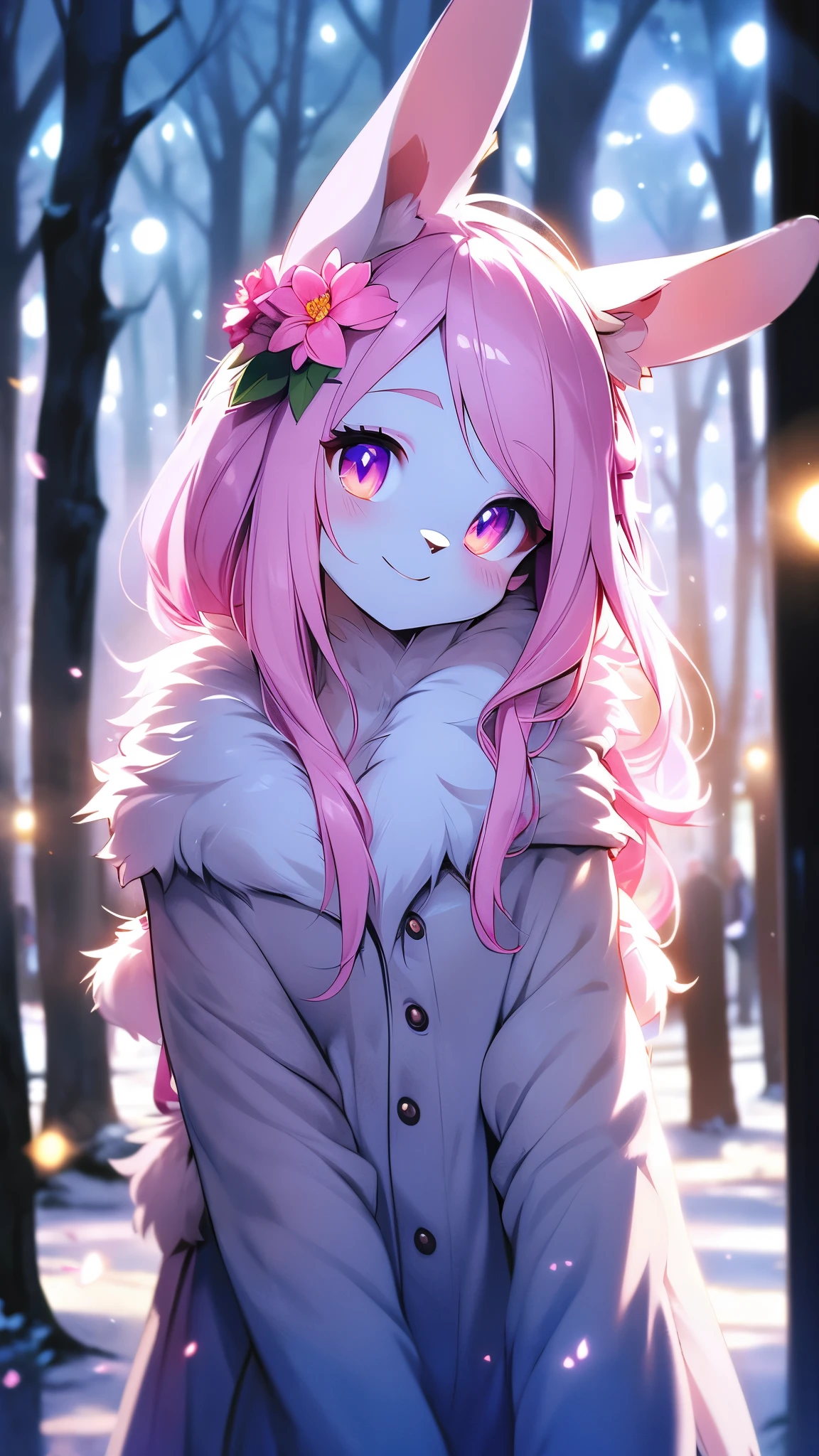 rabbit furry girl,ultra detailed fur,pink fur,nude,completly naked,shiny skin, looking at viewer,ultra light and shadow,woods,moonlight,smile,blish,flower hairpin,upper body