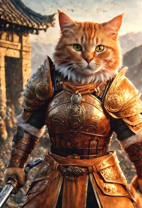 official art, unified 8k wallpaper, super detailed, Beautiful and beautiful, masterpiece, best quality, watching a film《lord of the ring》style of，Real scenes，Epic war scenes，(A fat orange tabby cat warrior:1.4)，(whole body:1.2), Put on exquisite armor，Hold...