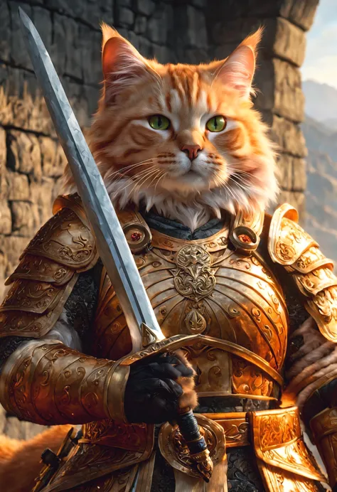 official art, unified 8k wallpaper, super detailed, Beautiful and beautiful, masterpiece, best quality, watching a film《lord of the ring》style of，Real scenes，Epic war scenes，(A fat orange tabby cat warrior:1.4)，(whole body:1.2), Put on exquisite armor，Hold...