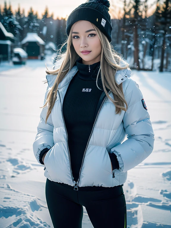 8k, masterpiece, RAW photo, best quality, photorealistic, extremely detailed CG unity 8k wallpaper, Depth of field, Cinematic Light, Lens Flare, Ray tracing,Create a Winter Sporty Elegance Session: ultra realistic Model: - Appearance:  (extremely beautiful face, beautiful lips, beautiful eyes), intricate detail face, (( ultra detailed skin)), in the dark, deep shadow, pretty girl, brown hair,kpop idol, 1 girl, (very slim slender fit-muscled body:1.3), ((looking at viewer)),(big smile:1 ) , radiating a combination of sporty vitality and winter elegance, with subtle winter-themed makeup. - Outfit: High-performance winter sportswear ensemble – insulated leggings, a sleek thermal top, and a fitted winter jacket. Add stylish winter accessories like a pom-pom beanie and insulated gloves. Location in Frame: - Setting: A scenic snow-covered mountain resort or a winter sports park with snowboarding or skiing facilities, capturing the dynamic energy of winter sports. - Position: The model confidently engaged in winter sports activities, whether it's skiing down a slope or striking a pose with snow-covered equipment, expressing both athleticism and self-assured grace. Details: - Background: Snow-covered slopes and winter landscapes, providing a stunning backdrop for the sporty elegance theme. - Lighting: Utilize natural winter daylight or the soft glow of the snow for a crisp and vibrant atmosphere. - Atmosphere: Action shots capturing the model's athleticism and elegance, conveying a harmonious blend of winter sports and confidence. Each photo is to be generated in the same clothes.