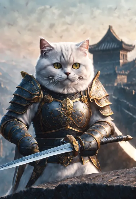 official art, unified 8k wallpaper, super detailed, Beautiful and beautiful, masterpiece, best quality, watching a film《lord of the ring》style of，Real scenes，Epic war scenes，(White British Shorthair Warrior:1.4)，(whole body:1.2), Put on exquisite armor，Hol...