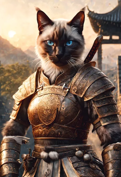 official art, unified 8k wallpaper, super detailed, Beautiful and beautiful, masterpiece, best quality, watching a film《lord of the ring》style of，Real scenes，Epic war scenes，(siamese cat warrior:1.4)，(whole body:1.2), Put on exquisite armor，Holding a long ...