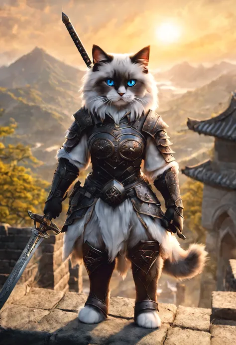 official art, unified 8k wallpaper, super detailed, Beautiful and beautiful, masterpiece, best quality, watching a film《lord of the ring》style of，Real scenes，Epic war scenes，(Ragdoll Warrior:1.4)，(whole body:1.2), Put on exquisite armor，Holding a long swor...