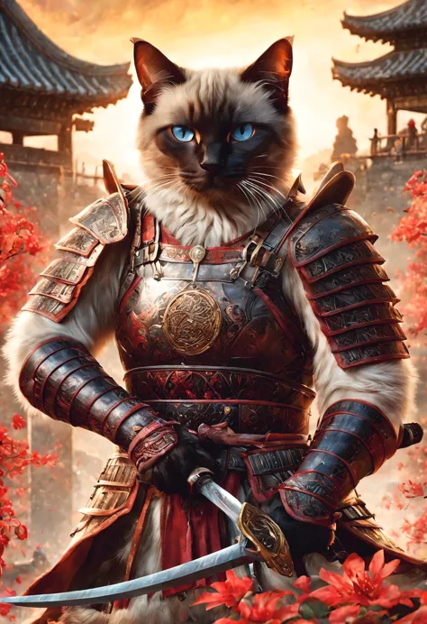 official art, unified 8k wallpaper, super detailed, Beautiful and beautiful, masterpiece, best quality, watching a film《lord of the ring》style of，Real scenes，Epic war scenes，(siamese cat warrior:1.4)，(whole body:1.2), Put on exquisite armor，Holding a long ...