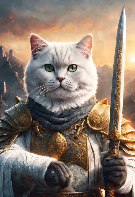 official art, unified 8k wallpaper, super detailed, Beautiful and beautiful, masterpiece, best quality, watching a film《lord of the ring》style of，Real scenes，Epic war scenes，(White British Shorthair Warrior:1.4)，(whole body:1.2), Put on exquisite armor，Hol...