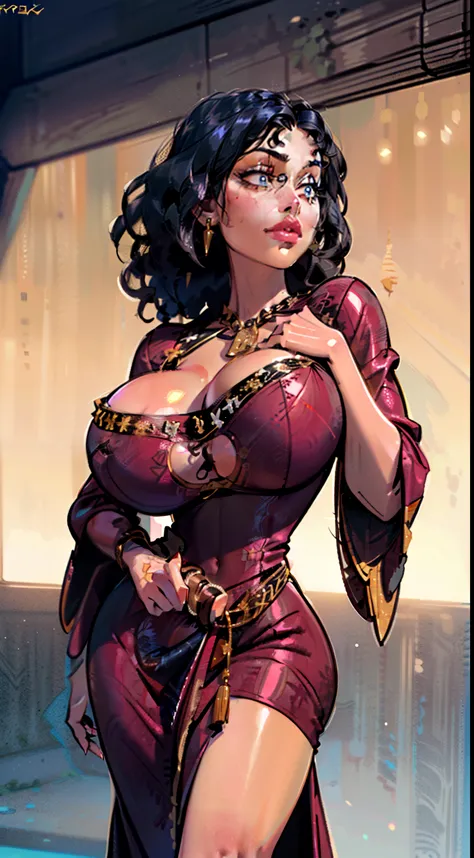 (((1girl:1.8))), ((gown:1.5)) ((off the shoulder)),  style, (( red dress,  gold details)), ((Mother Gothel)), tangled villain, anime style, (((Victorian gown:1.5))) (((smoldering eyes))), ((Black hair:1.5)), ((curly hair:1.7)), 8k, 4k, Unreal Engine 5, (gi...