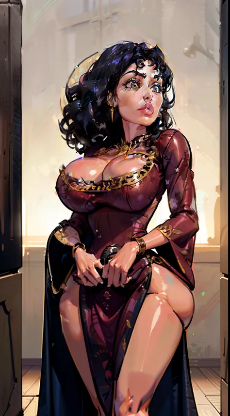 (((1girl:1.8))), ((gown:1.5)) ((off the shoulder)),  style, (( red dress,  gold details)), ((Mother Gothel)), tangled villain, anime style, (((Victorian gown:1.5))) (((smoldering eyes))), ((Black hair:1.5)), ((curly hair:1.7)), 8k, 4k, Unreal Engine 5, (gi...