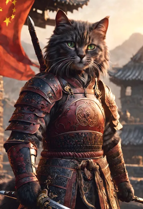 official art, unified 8k wallpaper, super detailed, Beautiful and beautiful, masterpiece, best quality, watching a film《lord of the ring》style of，Real scenes，Epic war scenes，(Chinese domestic cat warrior:1.4)，(whole body:1.2), Put on exquisite armor，Holdin...