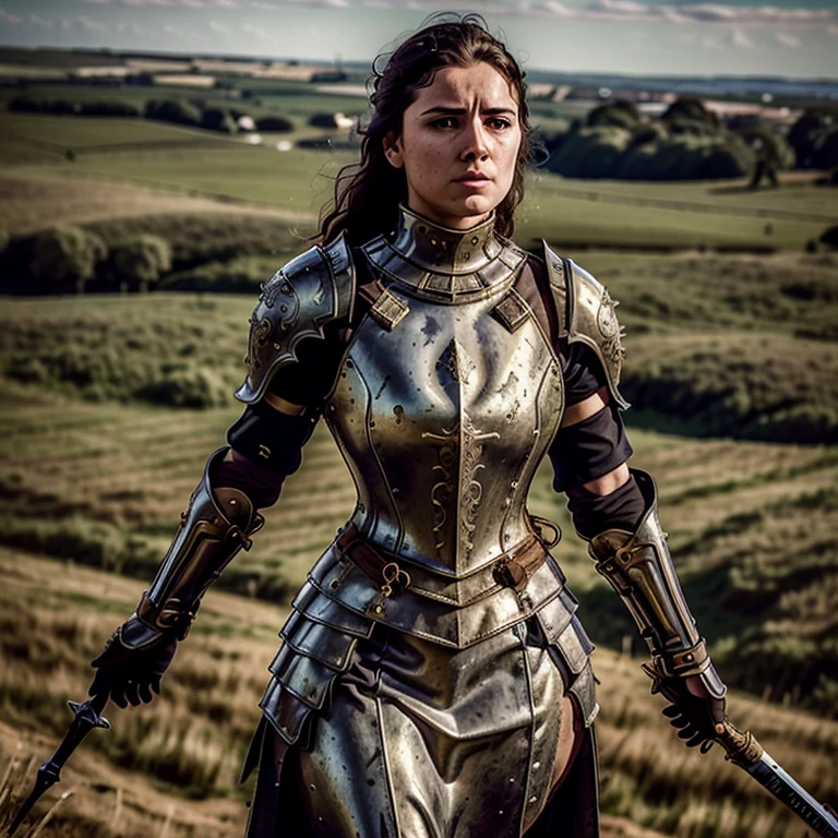 Masterpiece, cinematic landscape, best quality, baroque, realistic, 1girl, medieval Roman armor, upper body, looking at the viewer, open field, battlefield, catapult .on his chest  This dress looks like it has been cut by a sword and you can see the line of her chest through the gap on the dress.