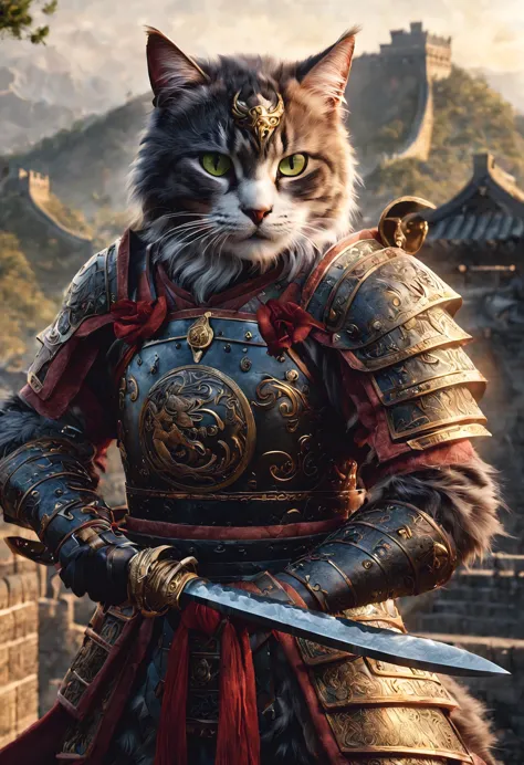 official art, unified 8k wallpaper, super detailed, Beautiful and beautiful, masterpiece, best quality, watching a film《lord of the ring》style of，Real scenes，Epic war scenes，(Chinese domestic cat warrior:1.4)，(whole body:1.2), Wear exquisite armor and helm...