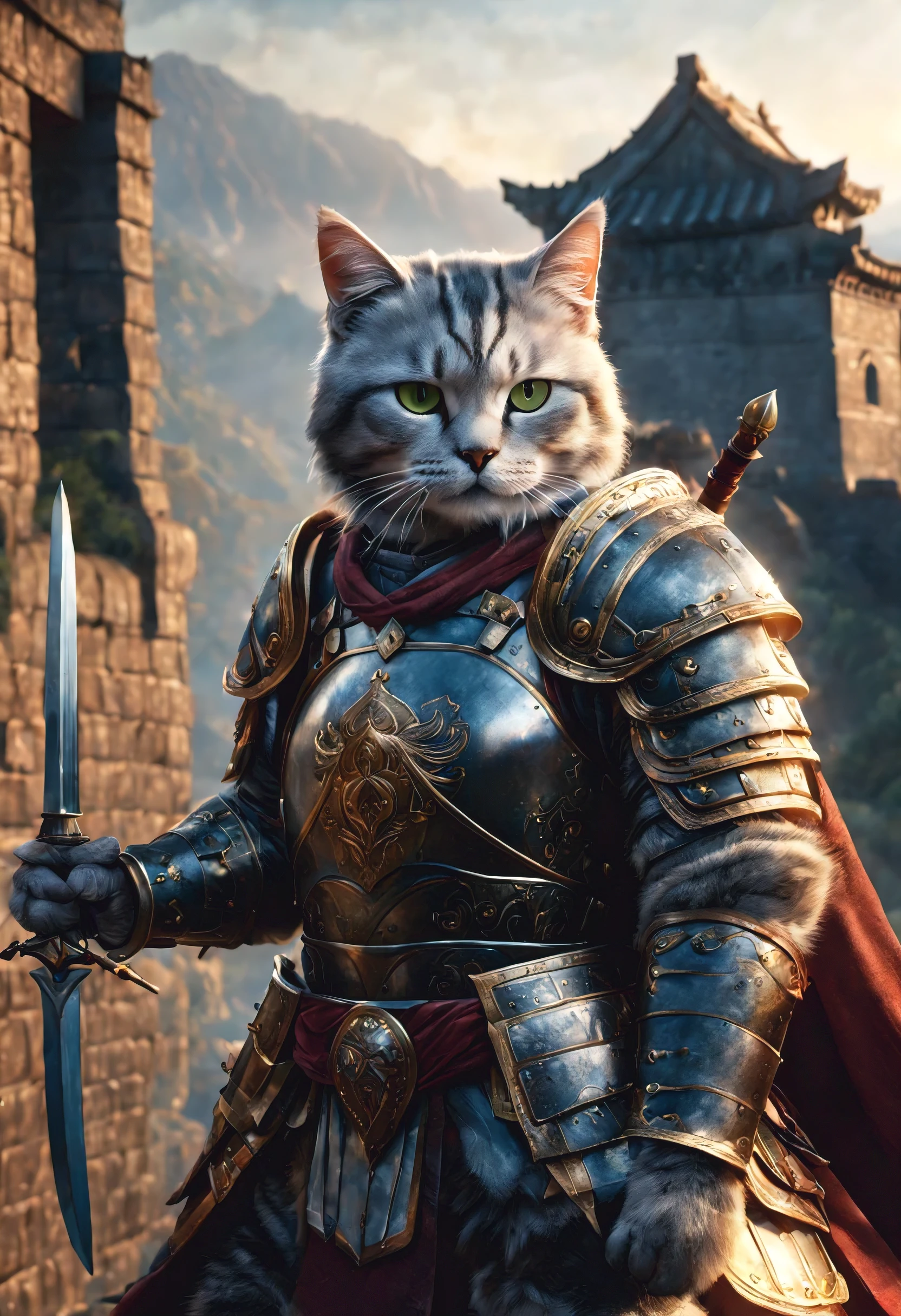 official art, unified 8k wallpaper, super detailed, Beautiful and beautiful, masterpiece, best quality, watching a film《lord of the ring》style of，Real scenes，Epic war scenes，(American Shorthair Warrior:1.4)，(whole body:1.2), Wear exquisite armor and helmets，Holding a long sword，In battle，The Great Wall background，cool color，texture，Ray tracing，