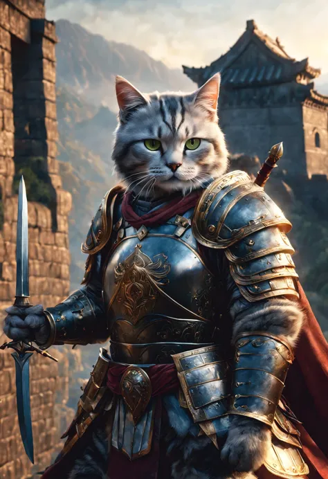 official art, unified 8k wallpaper, super detailed, Beautiful and beautiful, masterpiece, best quality, watching a film《lord of the ring》style of，Real scenes，Epic war scenes，(American Shorthair Warrior:1.4)，(whole body:1.2), Wear exquisite armor and helmet...