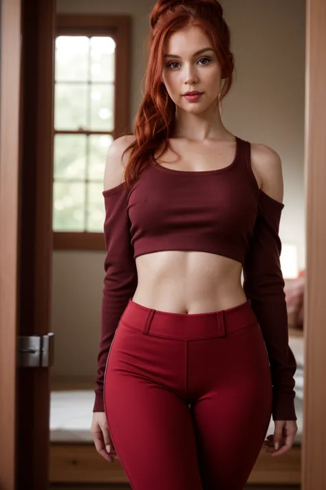 A Red-haired woman, half body photo of a skinny girl 30 y.o., NSFW, flashing, (:1.1),
Pilates pants and fitted long-sleeve top, ...