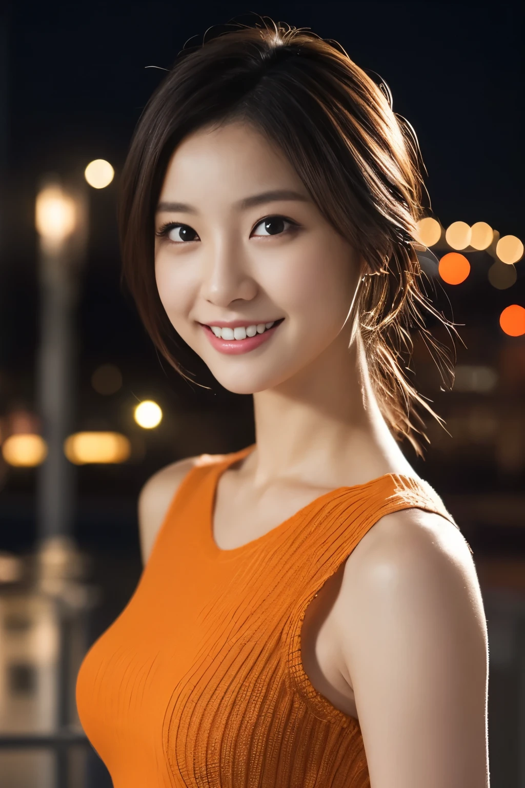 1 girl, (wearing an orange knit dress:1.2), (RAW photo, highest quality), (realistic, Photoreal:1.4), table top, very delicate and beautiful, very detailed, 2k wallpaper, wonderful, finely, Very detailed CG Unity 8K 壁紙, super detailed, High resolution, soft light, beautiful detailed girl, very detailed目と顔, beautifully detailed nose, beautiful and fine eyes, cinematic lighting, city light at night, perfect anatomy, slender body, smile, Full camera perspective, face forward