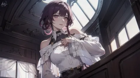 Kafka from Honkai Star Rail is envisioned in a gentle and intimate setting, adorned in a covered white tgown that gracefully dra...