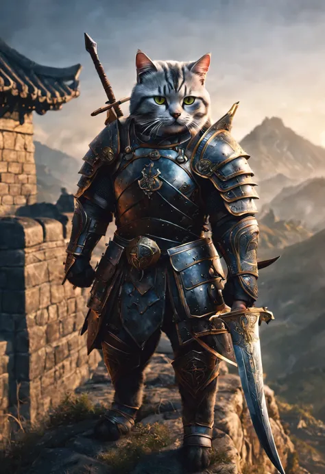 official art, unified 8k wallpaper, super detailed, Beautiful and beautiful, masterpiece, best quality, watching a film《lord of the ring》style of，Real scenes，Epic war scenes，(American Shorthair Warrior:1.4)，(whole body:1.2), Wear exquisite armor and helmet...