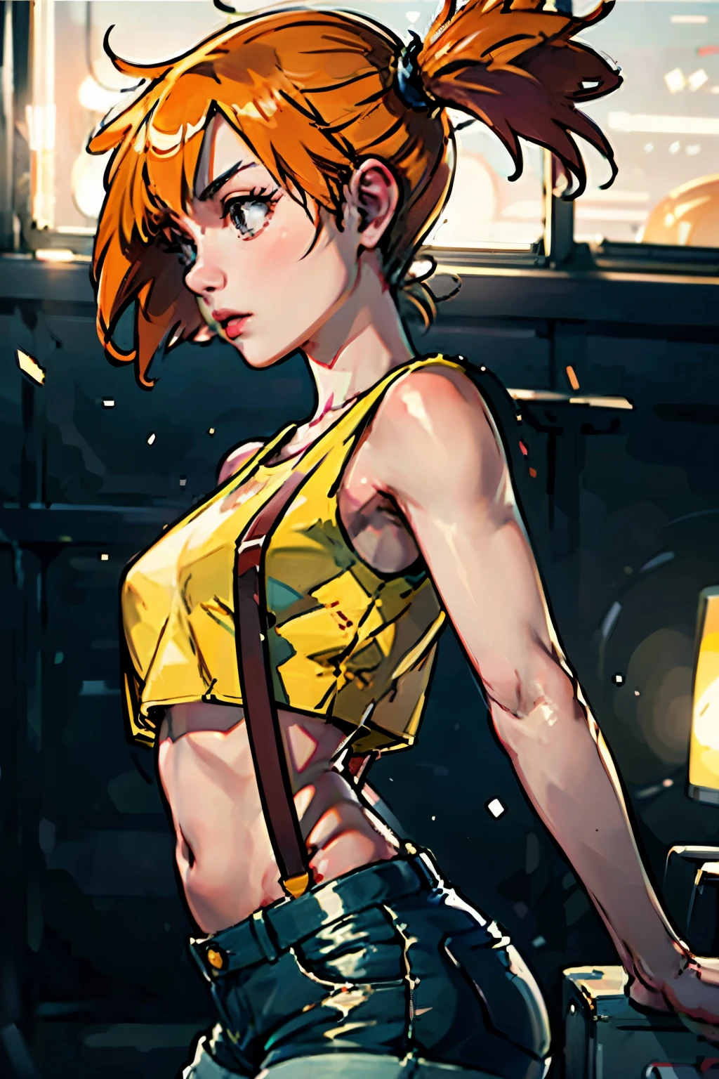 Misty_Pokemon, yellow crop top, suspenders, side ponytail, orange hair, denim shorts, stretching pose, from the side picture, cinematic light, hot posture, perfect body