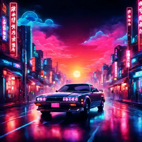 The aesthetics of Vaporwave,Landscape painting,retro vibes,Japan colored in neon colors,busy street,star,cloud,aurora,beautiful,...