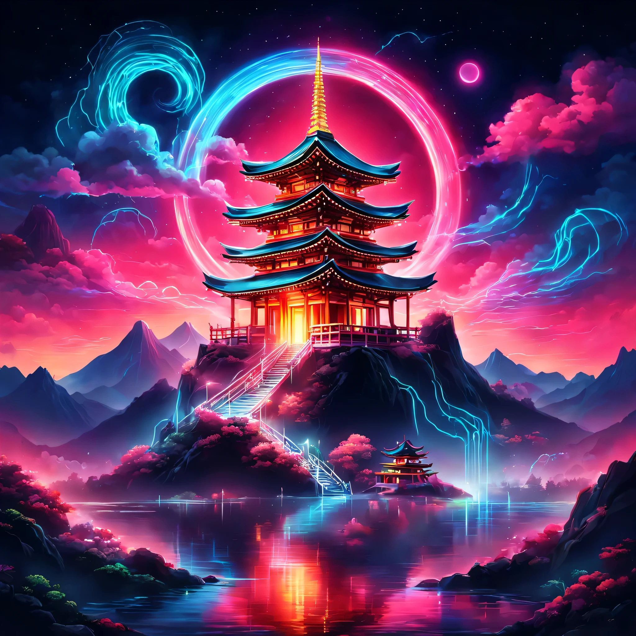 The aesthetics of Vaporwave,Landscape painting,Japan colored in neon colors,Fuji Mountain,shrine,cloud,aurora,beautiful,rich colors,flash,とてもflash,Cast colorful spells,Draw in neon colors on a dark background,Fusion of good old Japanese scenery and modern art,Pop Illustration,poster,perfect composition,Design that expresses Japan,works of art,Bright colors、black,pink,Light blue,purple