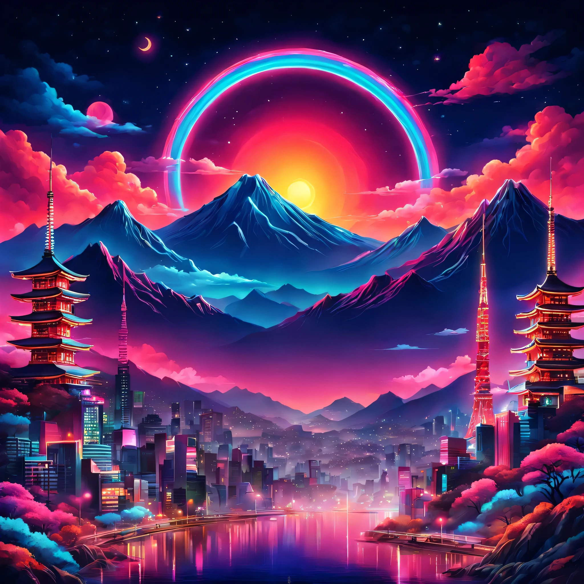 The aesthetics of Vaporwave,Landscape painting,retro vibes,Japan colored in neon colors,Fuji Mountain,moon,star,cloud,aurora,beautiful,rich colors,flash,Very flash,Cast colorful spells,Draw in neon colors on a dark background,Fusion of good old Japanese scenery and modern art,Pop Illustration,poster,perfect composition,Design that expresses Japan,works of art,Bright colors、black,pink,Light blue,purple