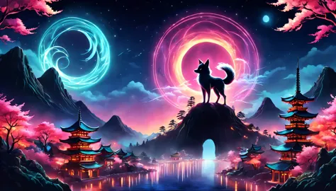 The aesthetics of Vaporwave,Landscape painting,Shrine painted in neon colors,Kyoto,Fushimi Inari,torii,two dancing demon foxes:N...