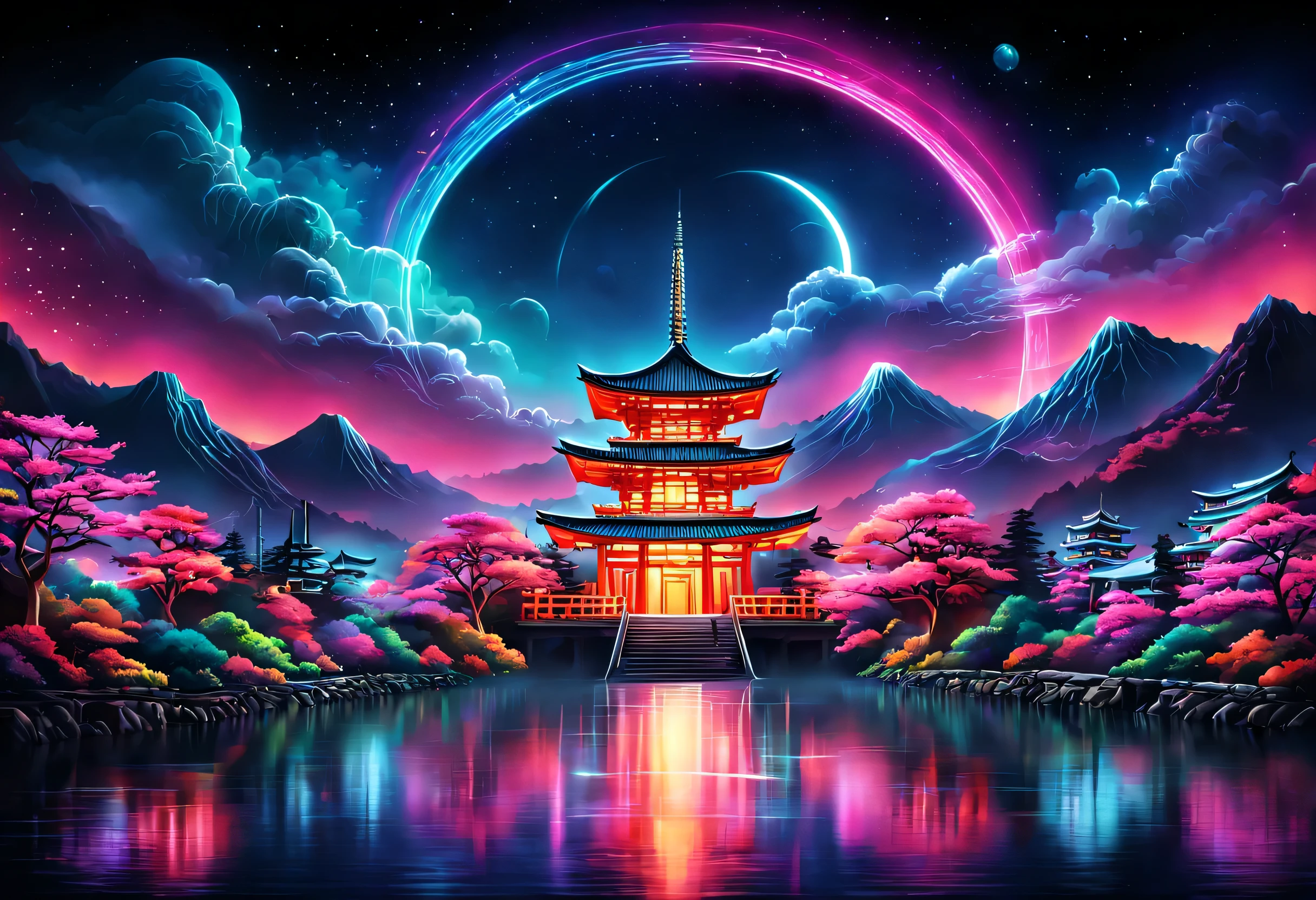 The aesthetics of Vaporwave,Landscape painting,retro,Temple painted in neon colors,Kyoto,Fuji Mountain,torii,moon,star,cloud,aurora,beautiful,rich colors,flash,と明るいflash,Cast colorful spells,Draw in neon colors on a dark background,Fusion of good old Japanese scenery and modern art,Pop Illustration,poster,perfect composition,Design that expresses Japan,zentangle,magic elements,wonderful,masterpiece,4K,works of art,Bright colors,black,pink,Light blue,purple,Mysterious