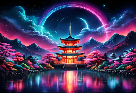 The aesthetics of Vaporwave,Landscape painting,retro,Temple painted in neon colors,Kyoto,Fuji Mountain,torii,moon,star,cloud,aur...