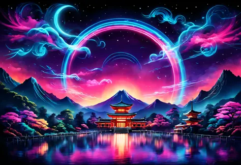 The aesthetics of Vaporwave,Landscape painting,retro,Temple painted in neon colors,Kyoto,Fuji Mountain,torii,moon,star,cloud,aur...