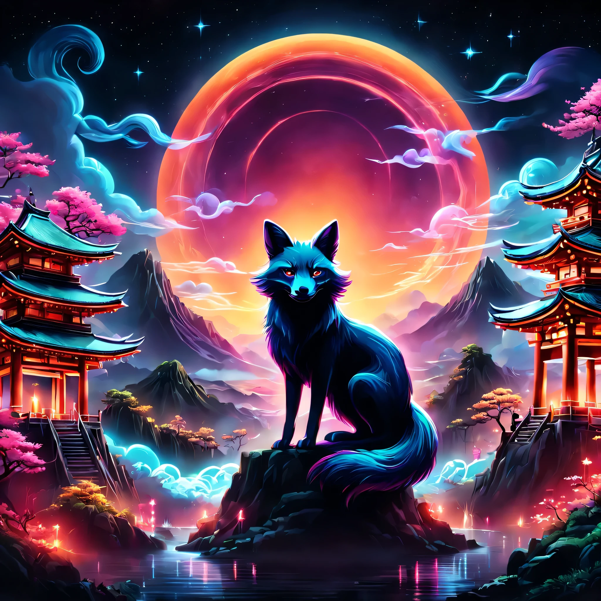 A estética do vaporwave,Pintura de paisagem,Santuário pintado em cores neon,Quioto,Fushimi Inari,torii,duas raposas demoníacas dançando:raposa de nove caudas:Silhueta,lua,star,Nuvem,aurora,lindo,cores ricas,clarão,と明るいclarão,Lance feitiços coloridos,Desenhe em cores neon em um fundo escuro,Fusão do bom e velho cenário japonês e da arte moderna,ilustração pop,poster,composição perfeita,Design que expressa o Japão,Zentângulo,elementos mágicos,maravilhoso,obra de arte,4K,trabalhos de arte,cores brilhantes,preto,Rosa,azul claro,roxo